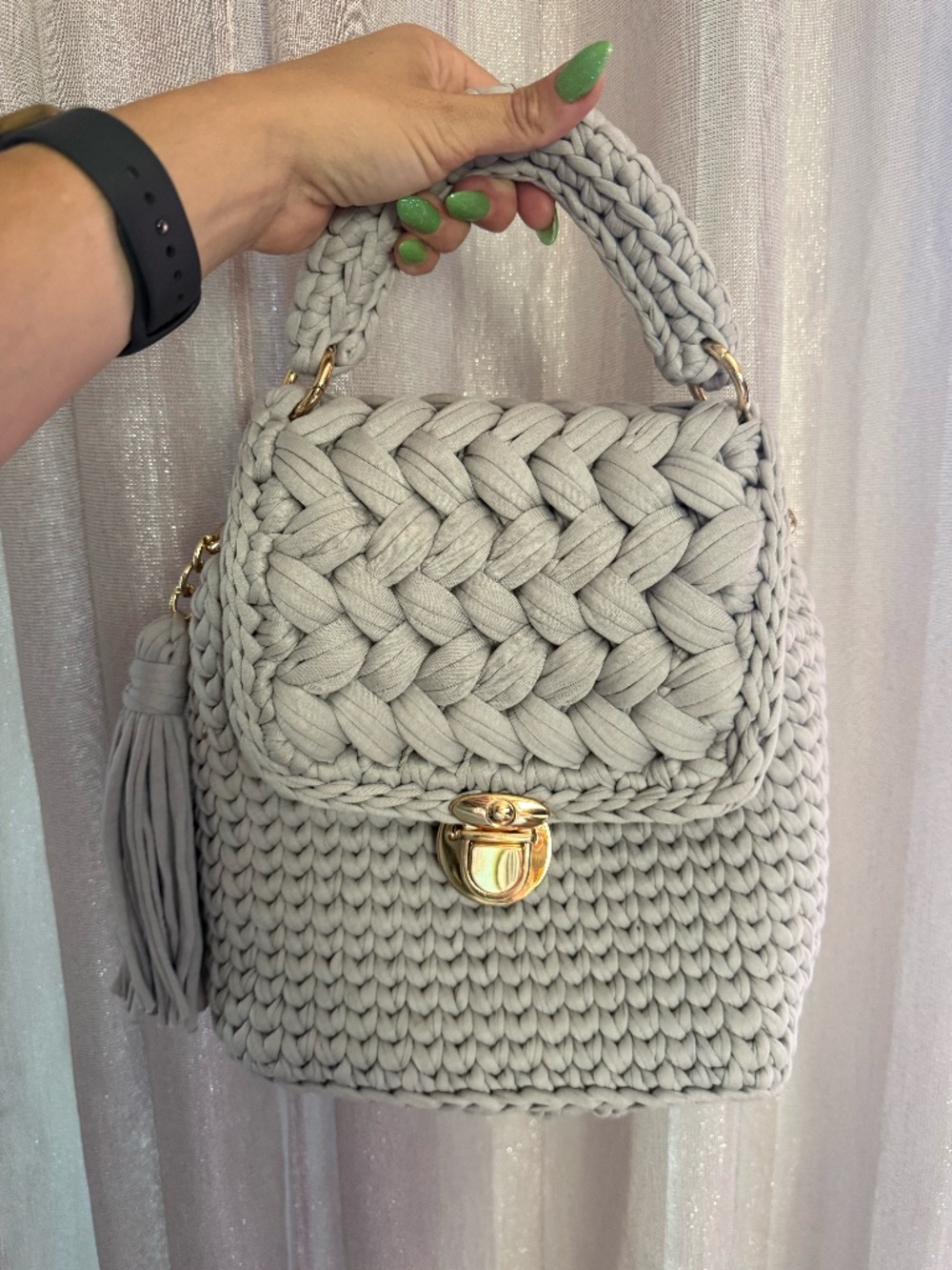 Beautiful Periwinkle Blue Knitted Handbag with Tassel Accent